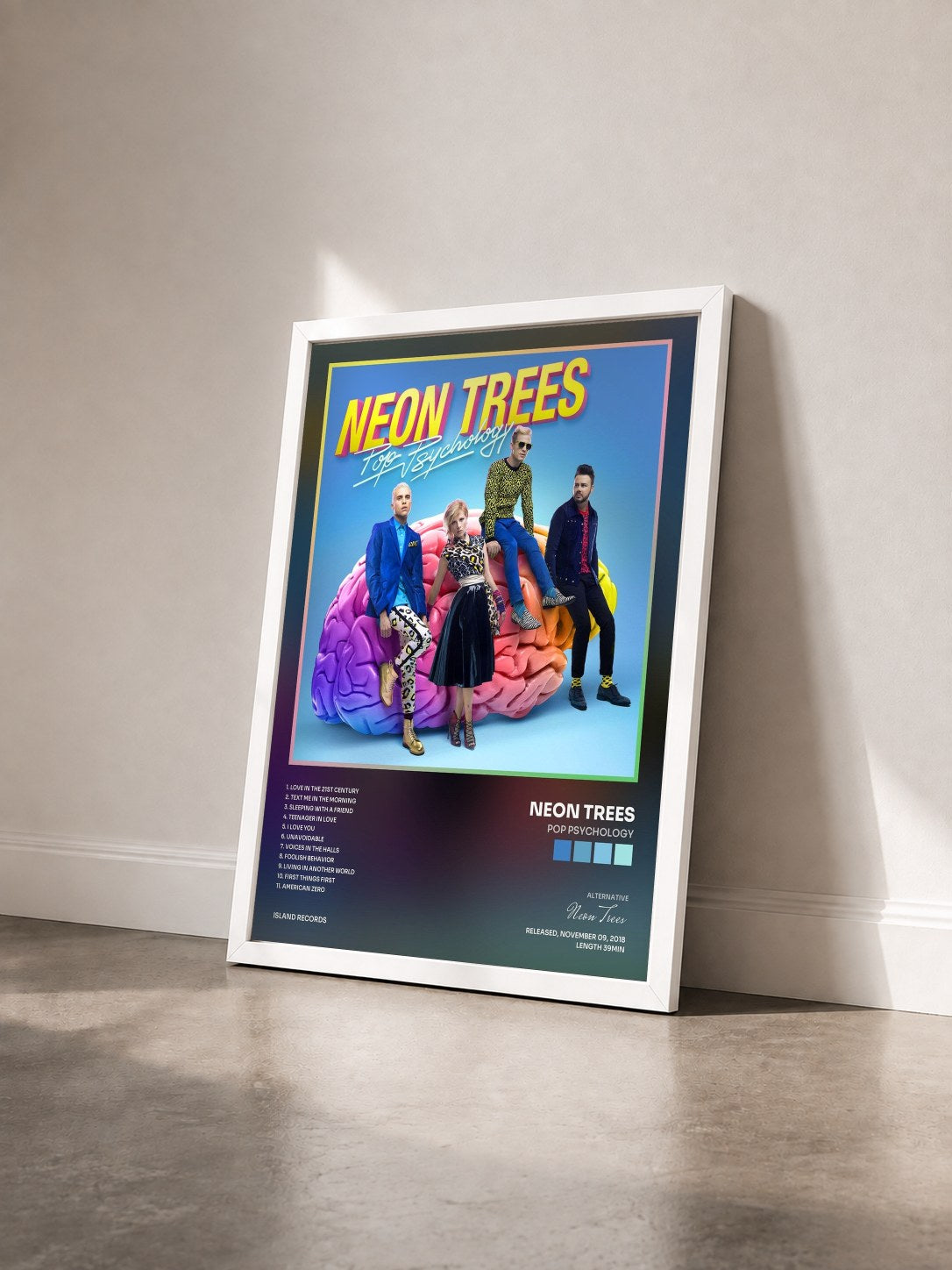 #blanc Tableau de l'album Pop Psychology de Neon Trees vu de trois quarts, cadre blanc