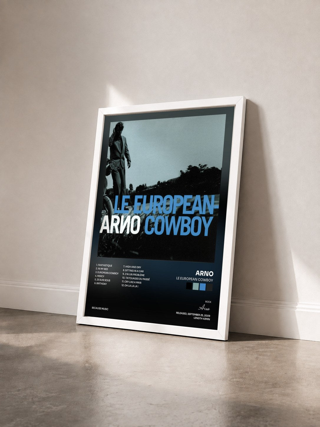 #blanc Tableau de l'album Le European Cowboy de Arno vu de trois quarts, cadre blanc
