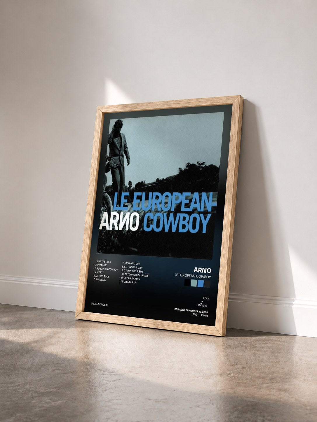 #bois Tableau de l'album Le European Cowboy de Arno vu de trois quarts, cadre en bois brut