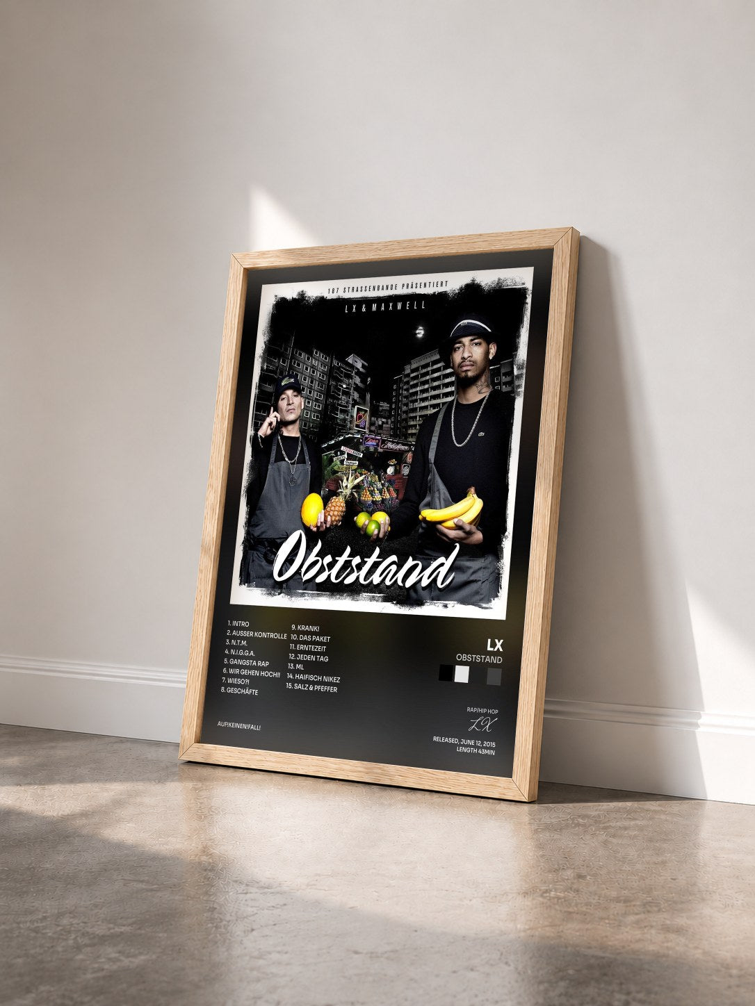 #bois Tableau de l'album Obststand de LX vu de trois quarts, cadre en bois brut