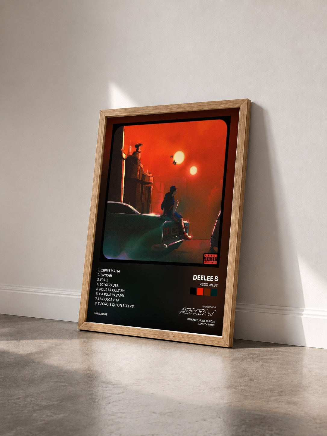 #bois Tableau de l'album R2D3 WEST de DEELEE S vu de trois quarts, cadre en bois brut