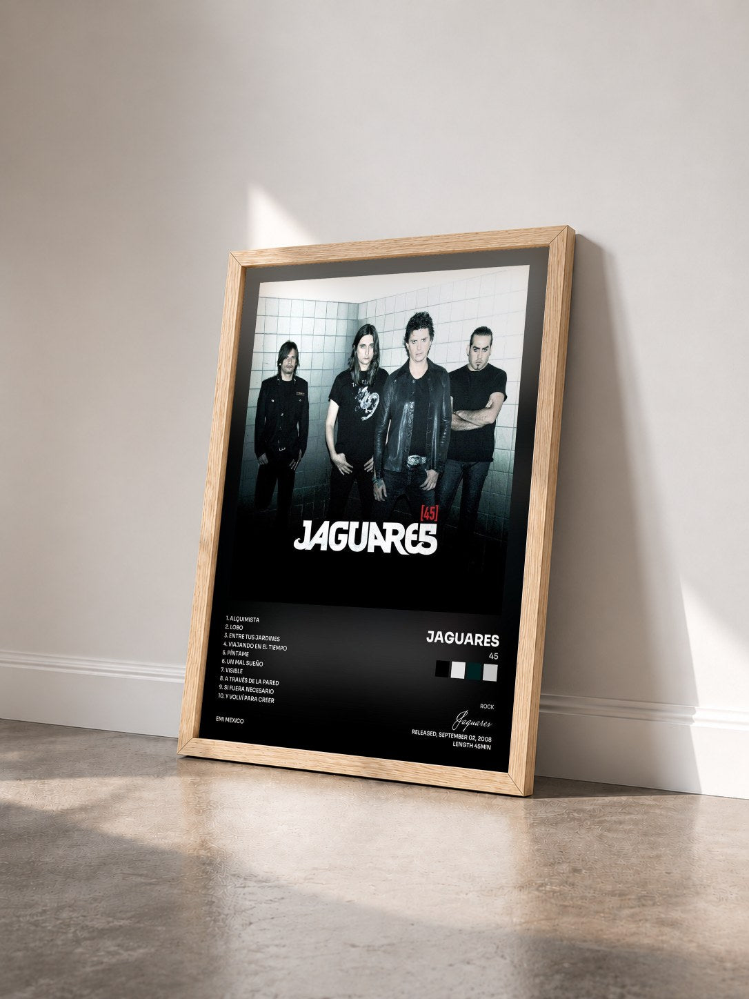 #bois Tableau de l'album 45 de Jaguares vu de trois quarts, cadre en bois brut
