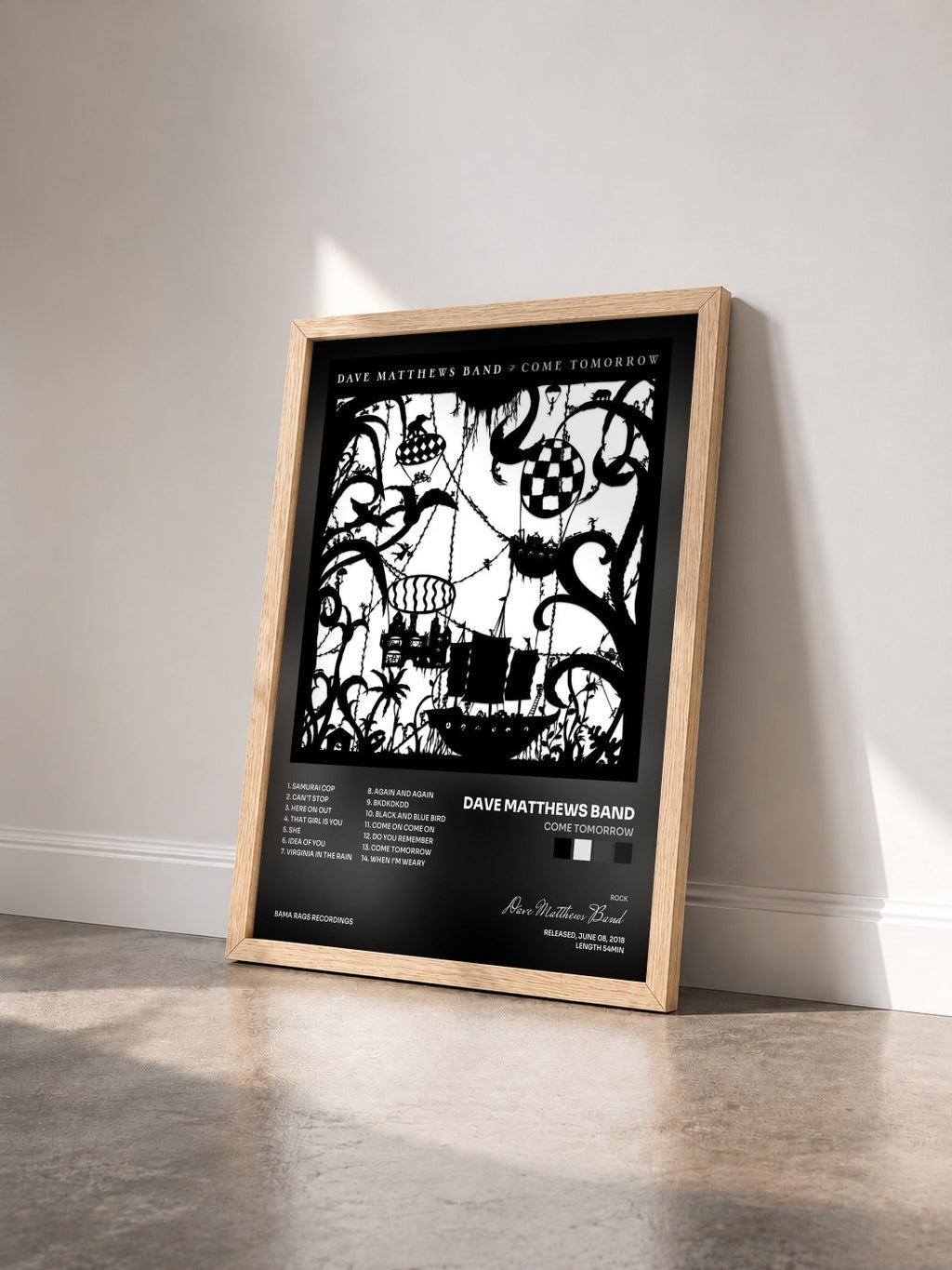 #bois Tableau de l'album Come Tomorrow de Dave Matthews Band vu de trois quarts, cadre en bois brut