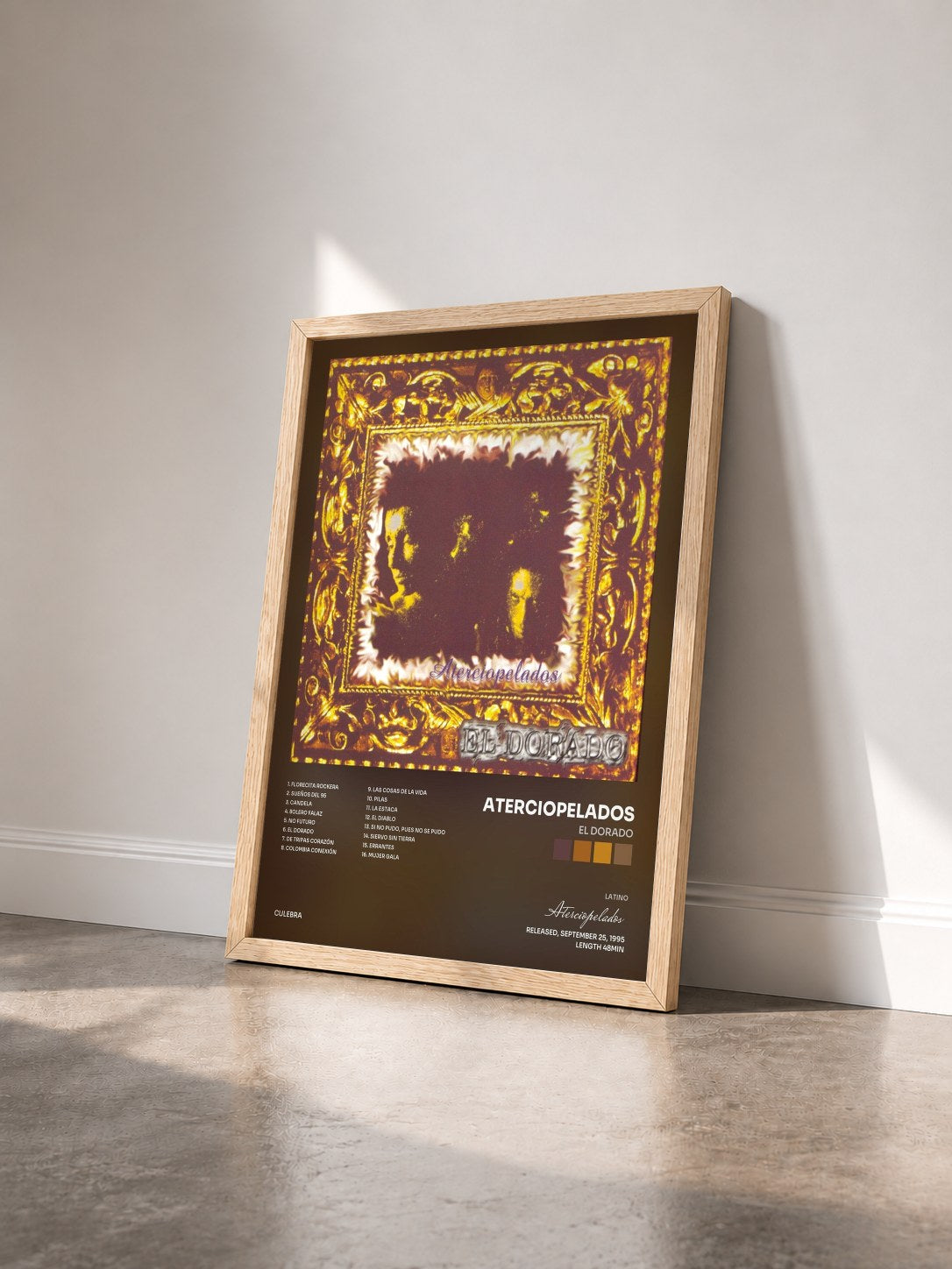 #bois Tableau de l'album El Dorado de Aterciopelados vu de trois quarts, cadre en bois brut