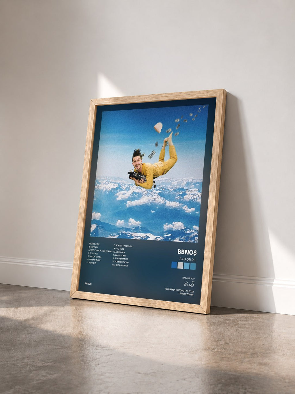 #bois Tableau de l'album bag or die de bbno$ vu de trois quarts, cadre en bois brut