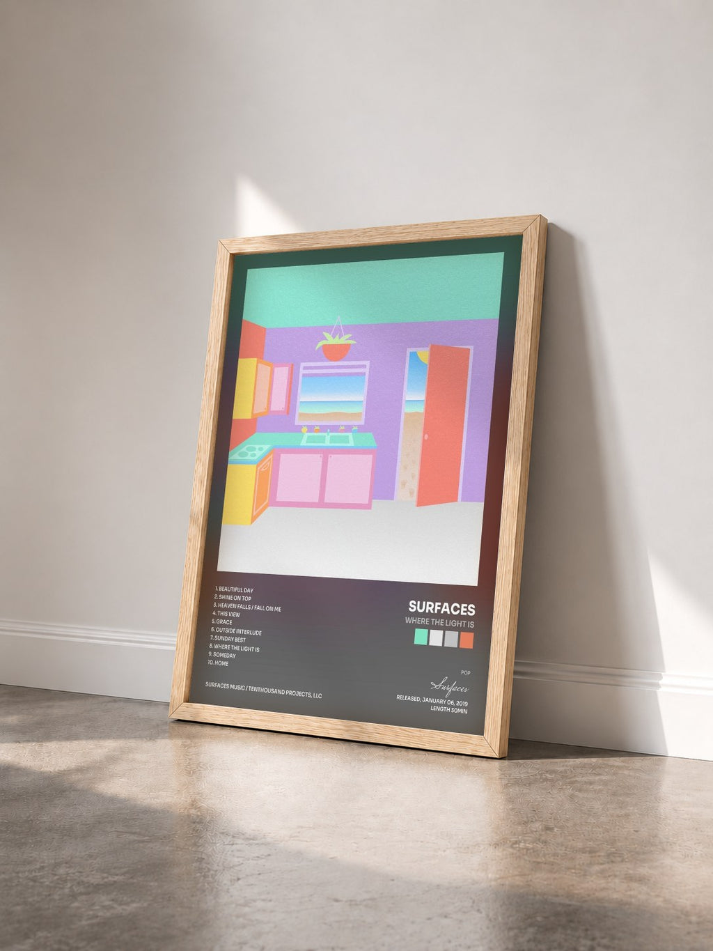 #bois Tableau de l'album Where the Light Is de Surfaces vu de trois quarts, cadre en bois brut