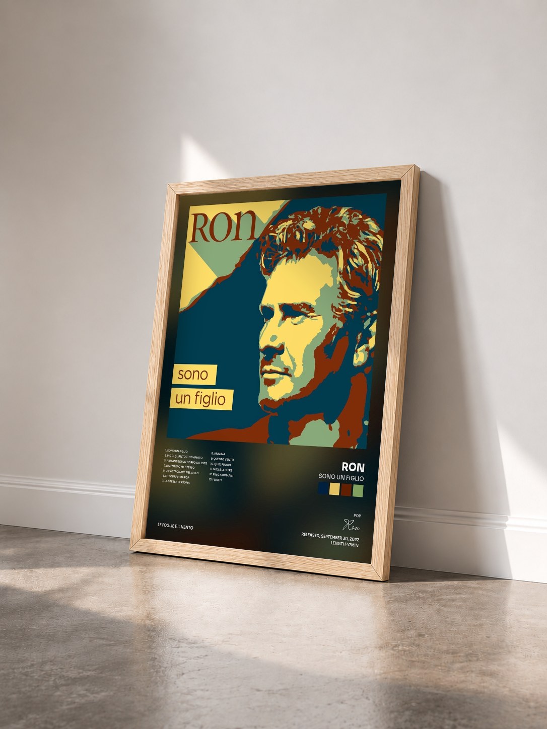 #bois Tableau de l'album Sono un figlio de Ron vu de trois quarts, cadre en bois brut