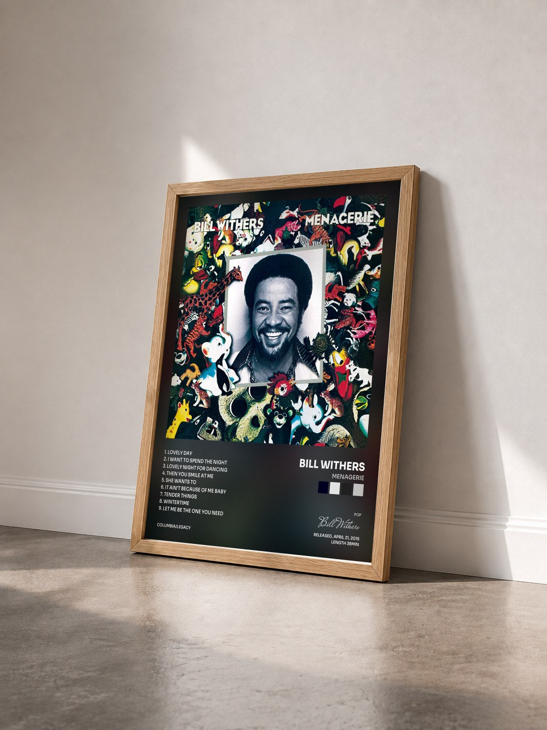 #bois Tableau de l'album Menagerie de Bill Withers vu de trois quarts, cadre en bois brut