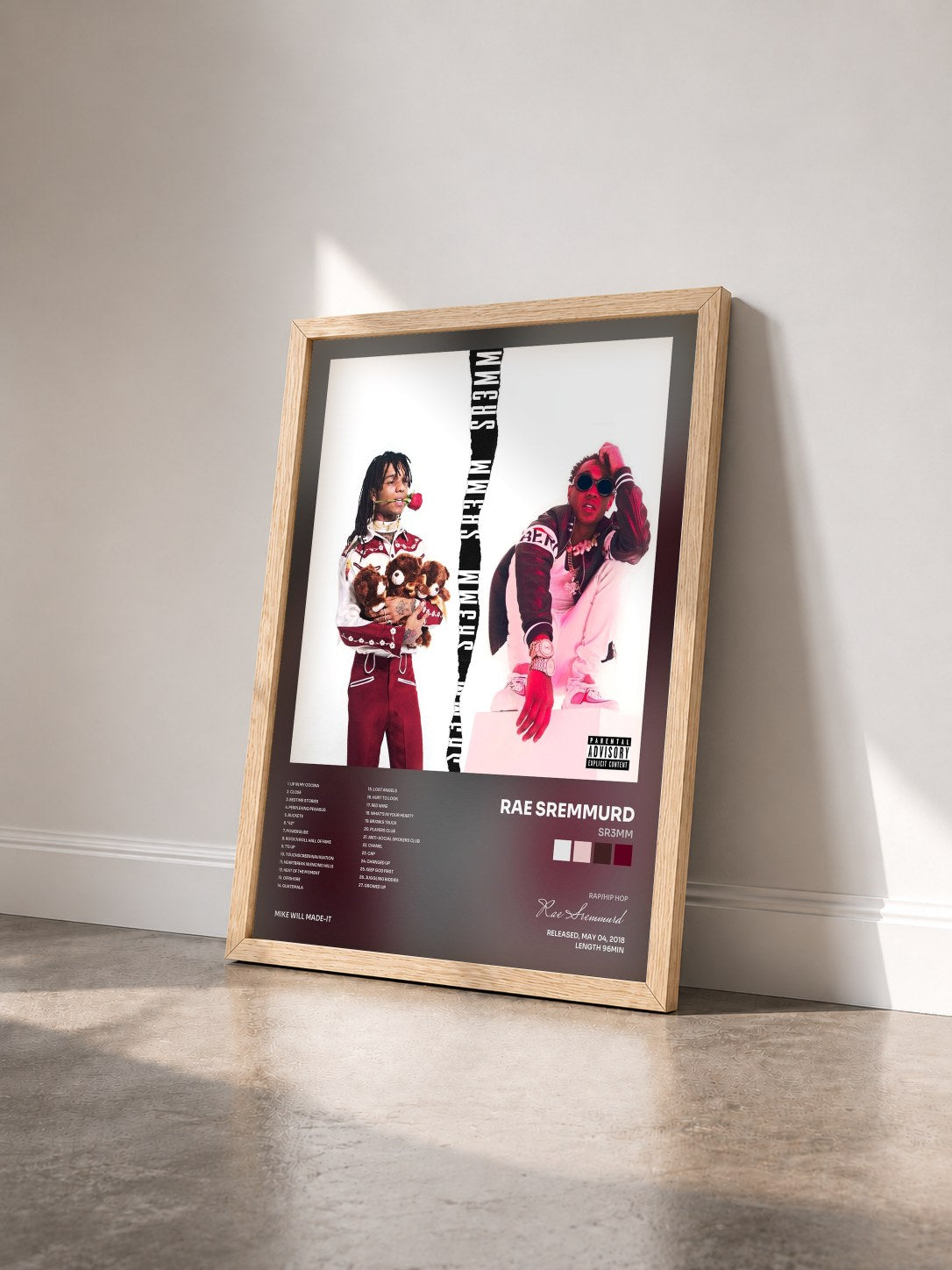 #bois Tableau de l'album SR3MM de Rae Sremmurd vu de trois quarts, cadre en bois brut