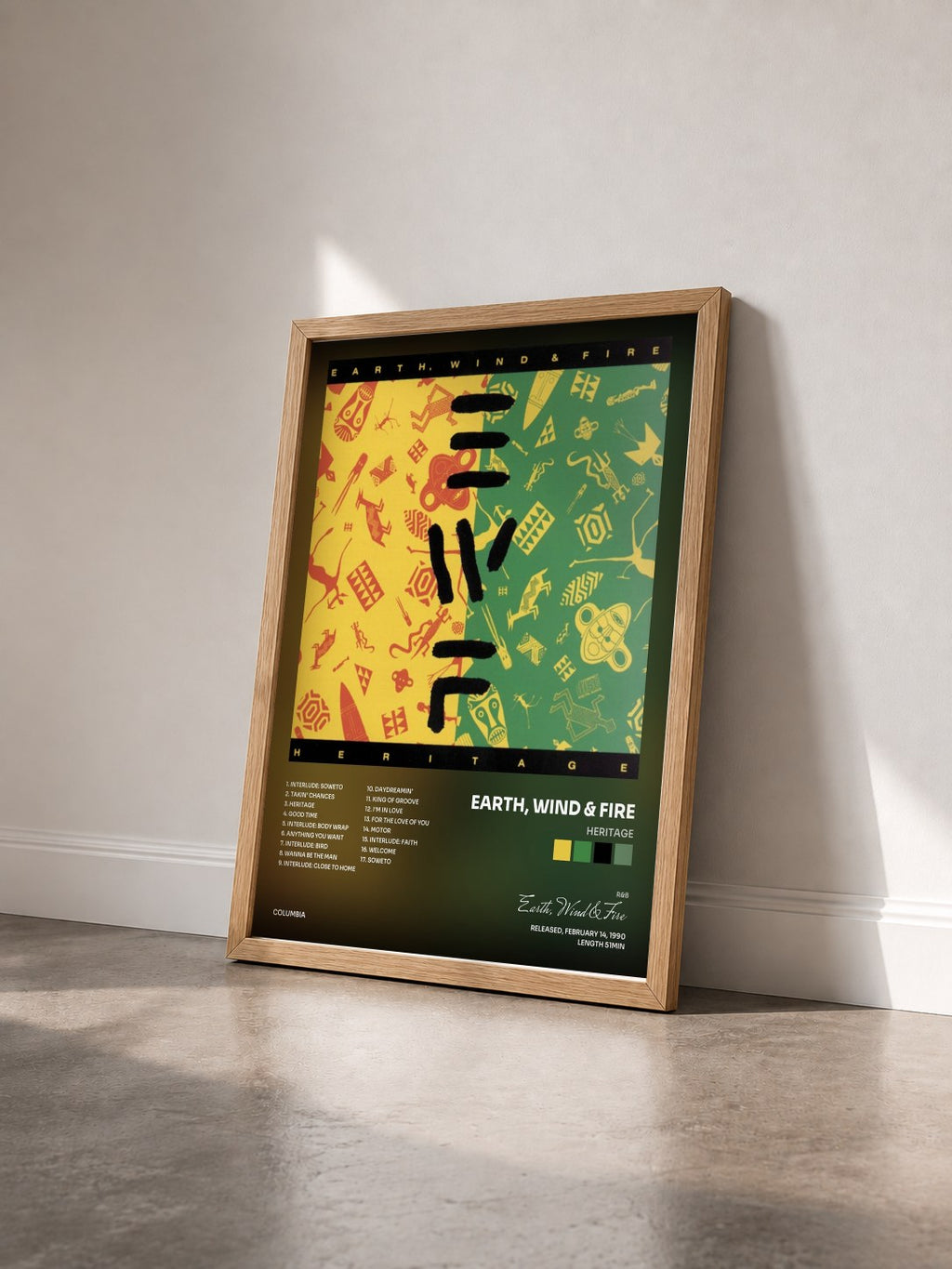 #bois Tableau de l'album Heritage de Earth, Wind & Fire vu de trois quarts, cadre en bois brut