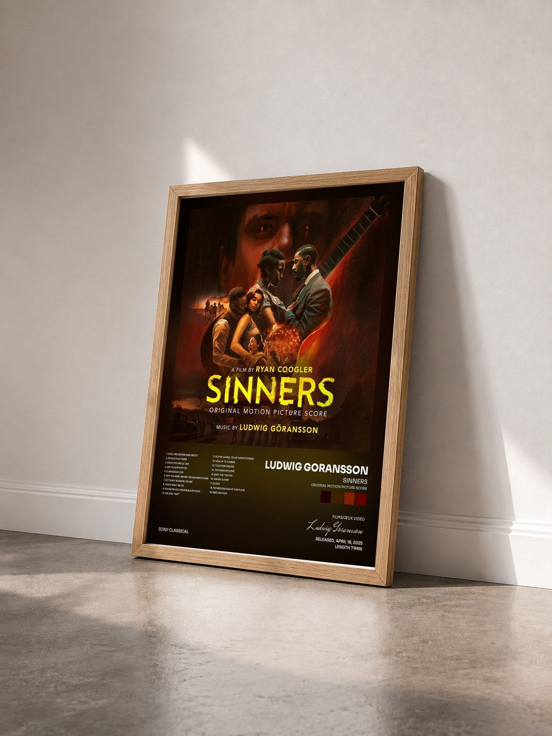 #bois Tableau de l'album Sinners (Original Motion Picture Score) de Ludwig Goransson vu de trois quarts, cadre en bois brut