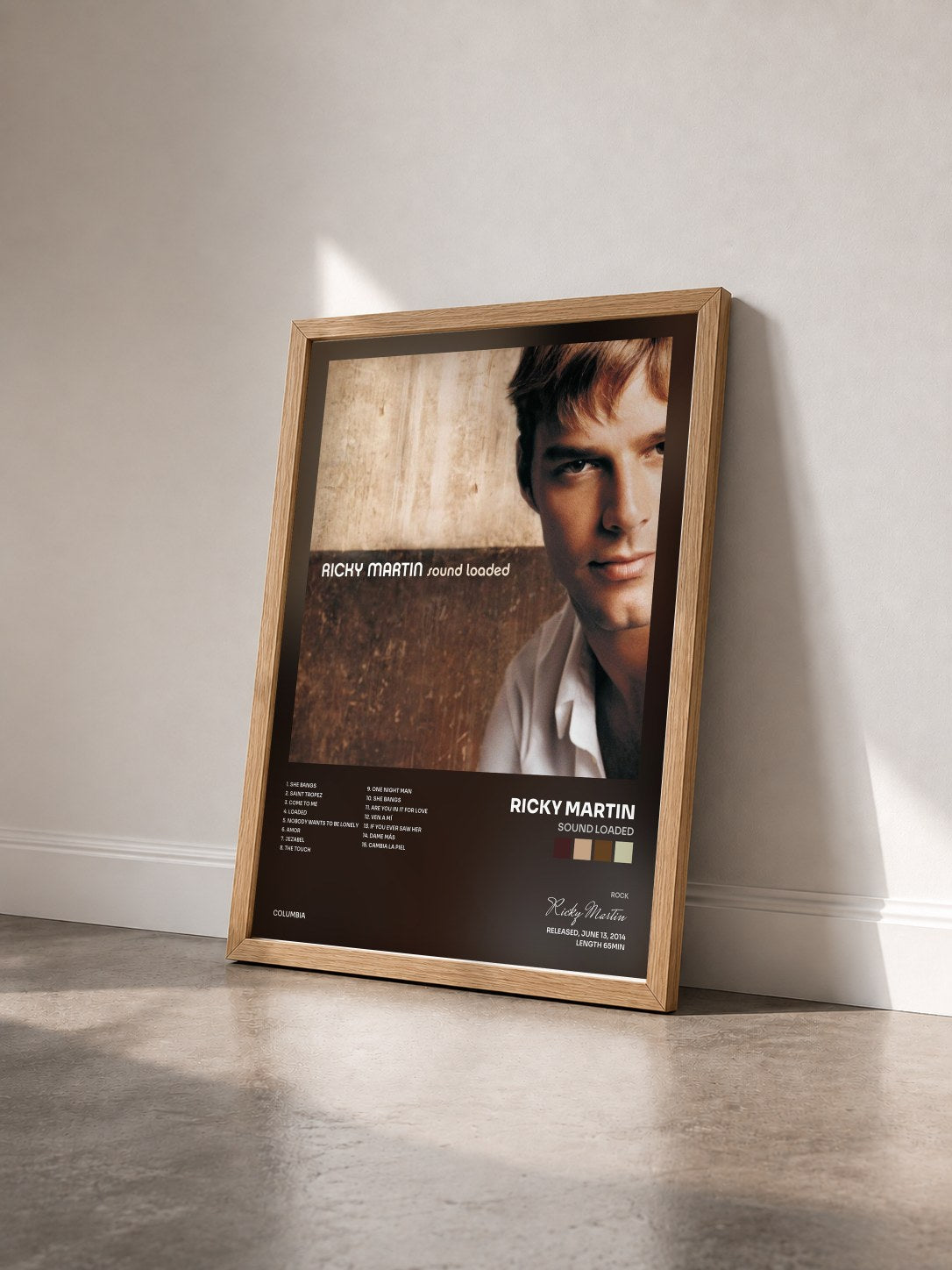 #bois Tableau de l'album Sound Loaded de Ricky Martin vu de trois quarts, cadre en bois brut