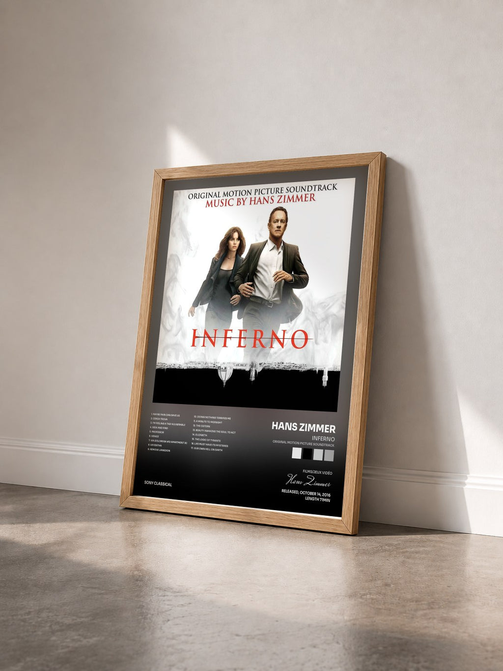#bois Tableau de l'album Inferno (Original Motion Picture Soundtrack) de Hans Zimmer vu de trois quarts, cadre en bois brut