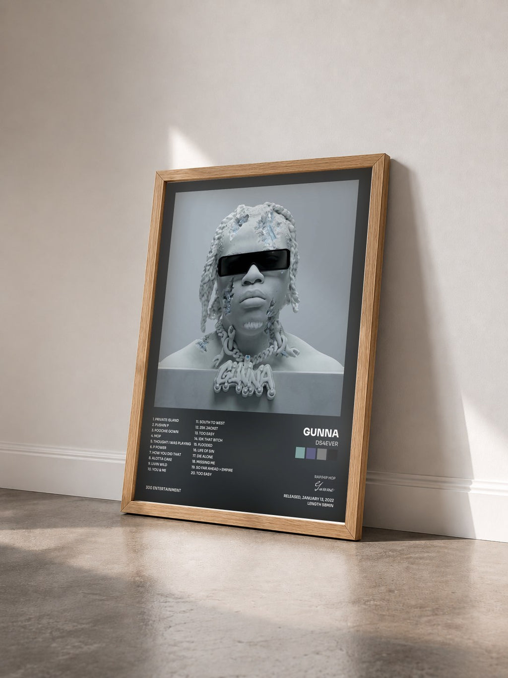 #bois Tableau de l'album DS4EVER de Gunna vu de trois quarts, cadre en bois brut