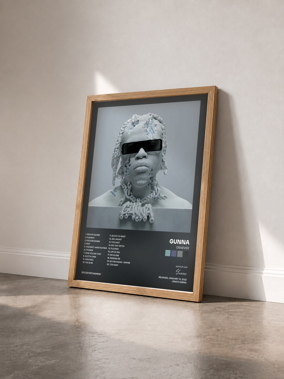 #bois Tableau de l'album DS4EVER de Gunna vu de trois quarts, cadre en bois brut