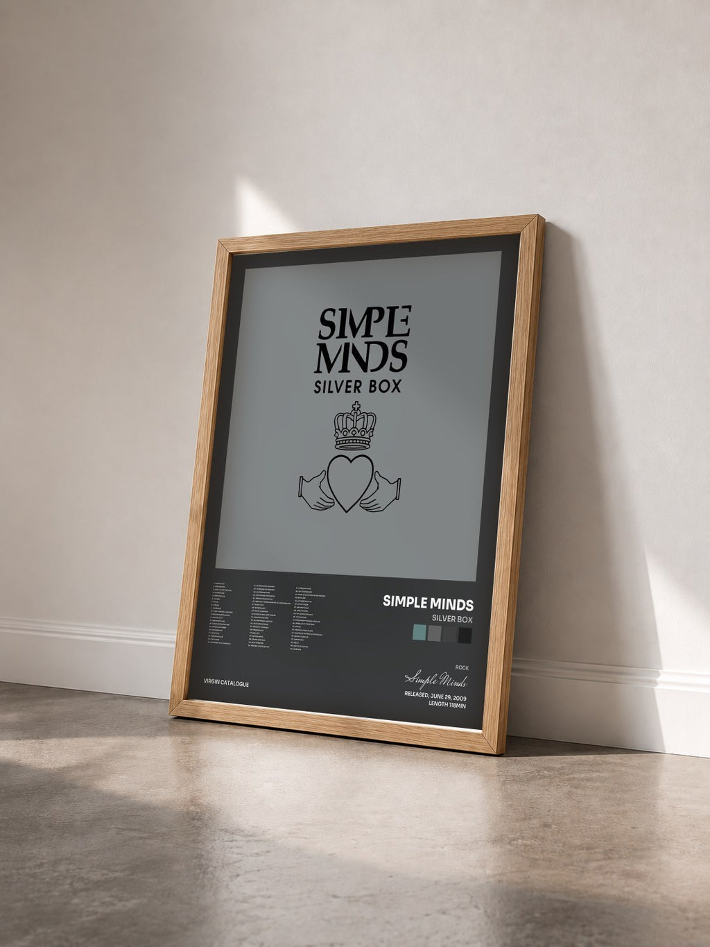 #bois Tableau de l'album Silver Box de Simple Minds vu de trois quarts, cadre en bois brut