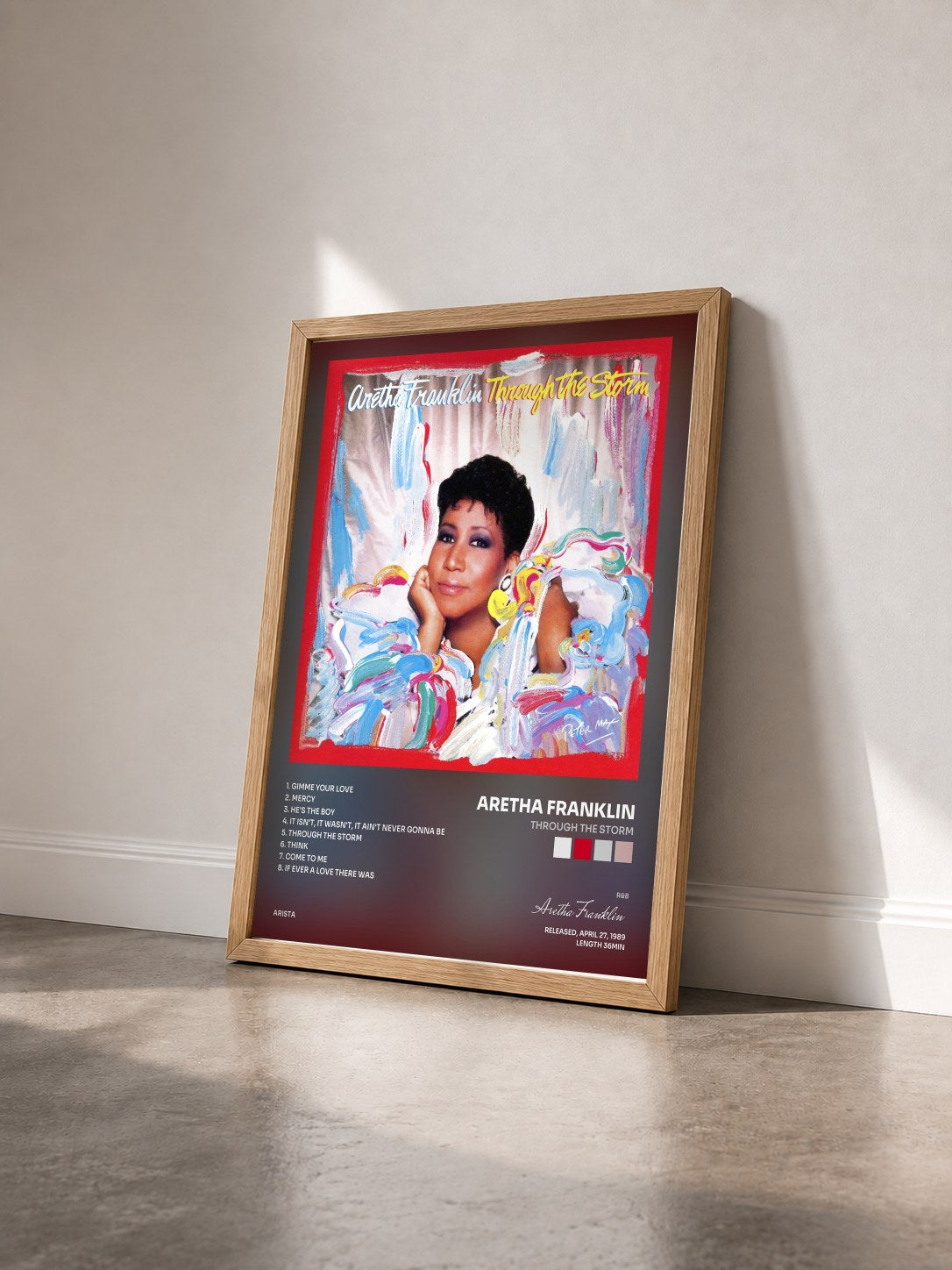 #bois Tableau de l'album Through the Storm de Aretha Franklin vu de trois quarts, cadre en bois brut
