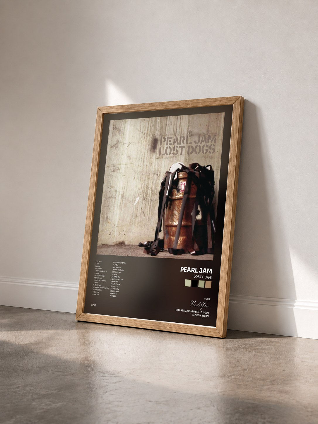 #bois Tableau de l'album Lost Dogs de Pearl Jam vu de trois quarts, cadre en bois brut