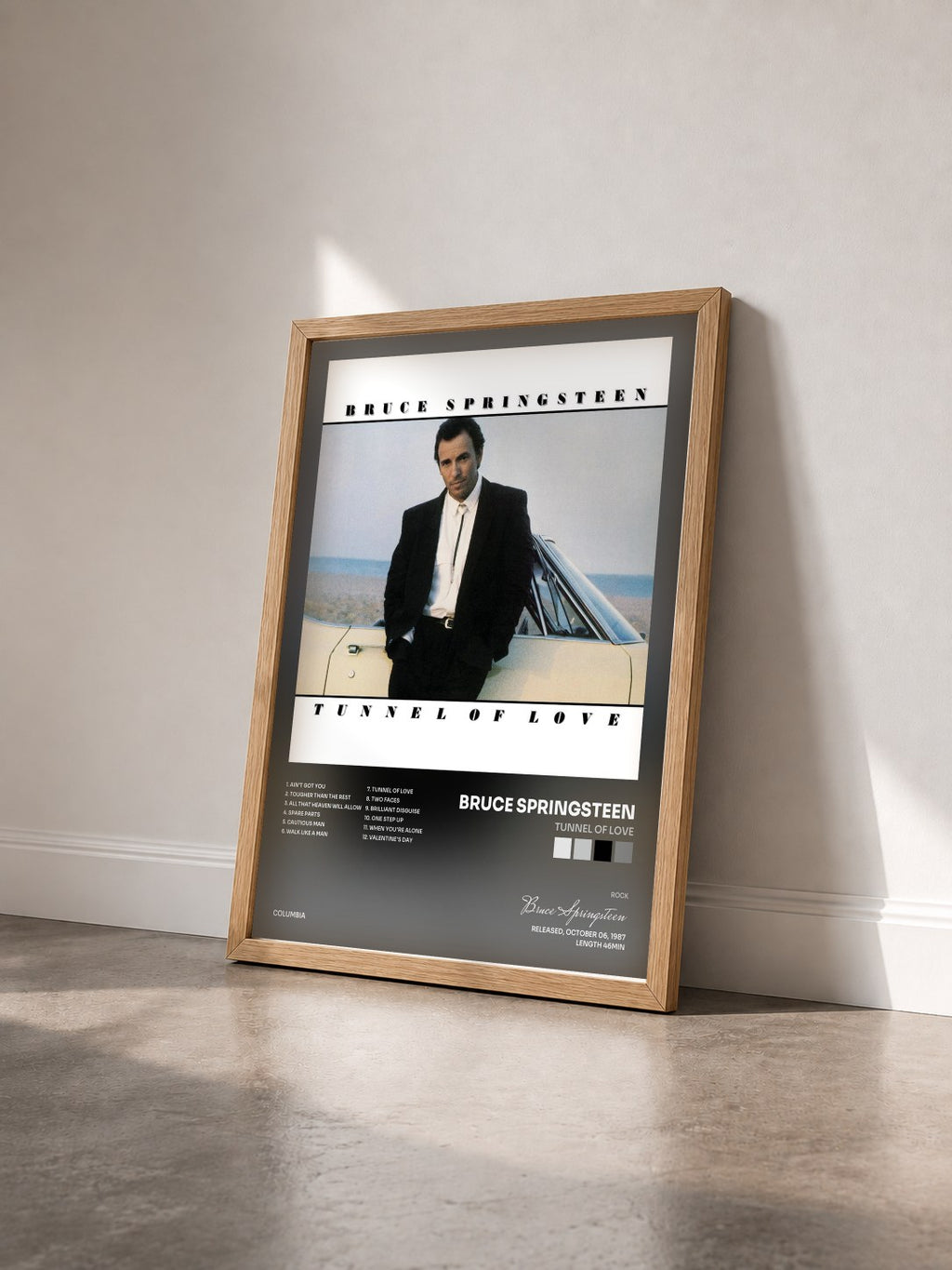 #bois Tableau de l'album Tunnel Of Love de Bruce Springsteen vu de trois quarts, cadre en bois brut