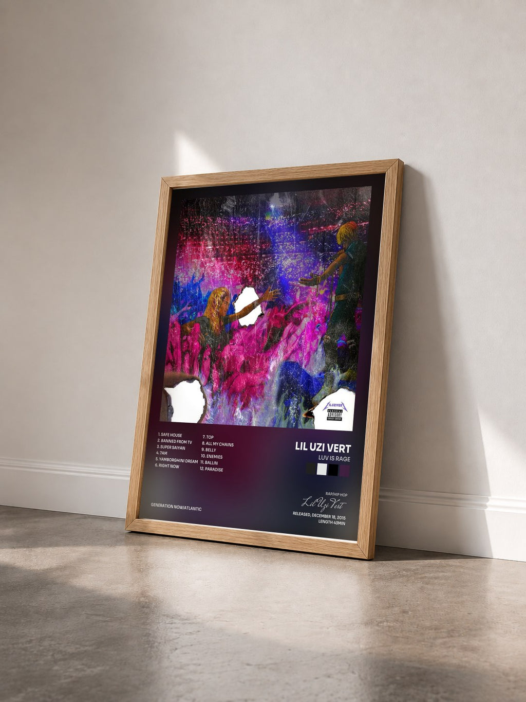 #bois Tableau de l'album Luv Is Rage de Lil Uzi Vert vu de trois quarts, cadre en bois brut