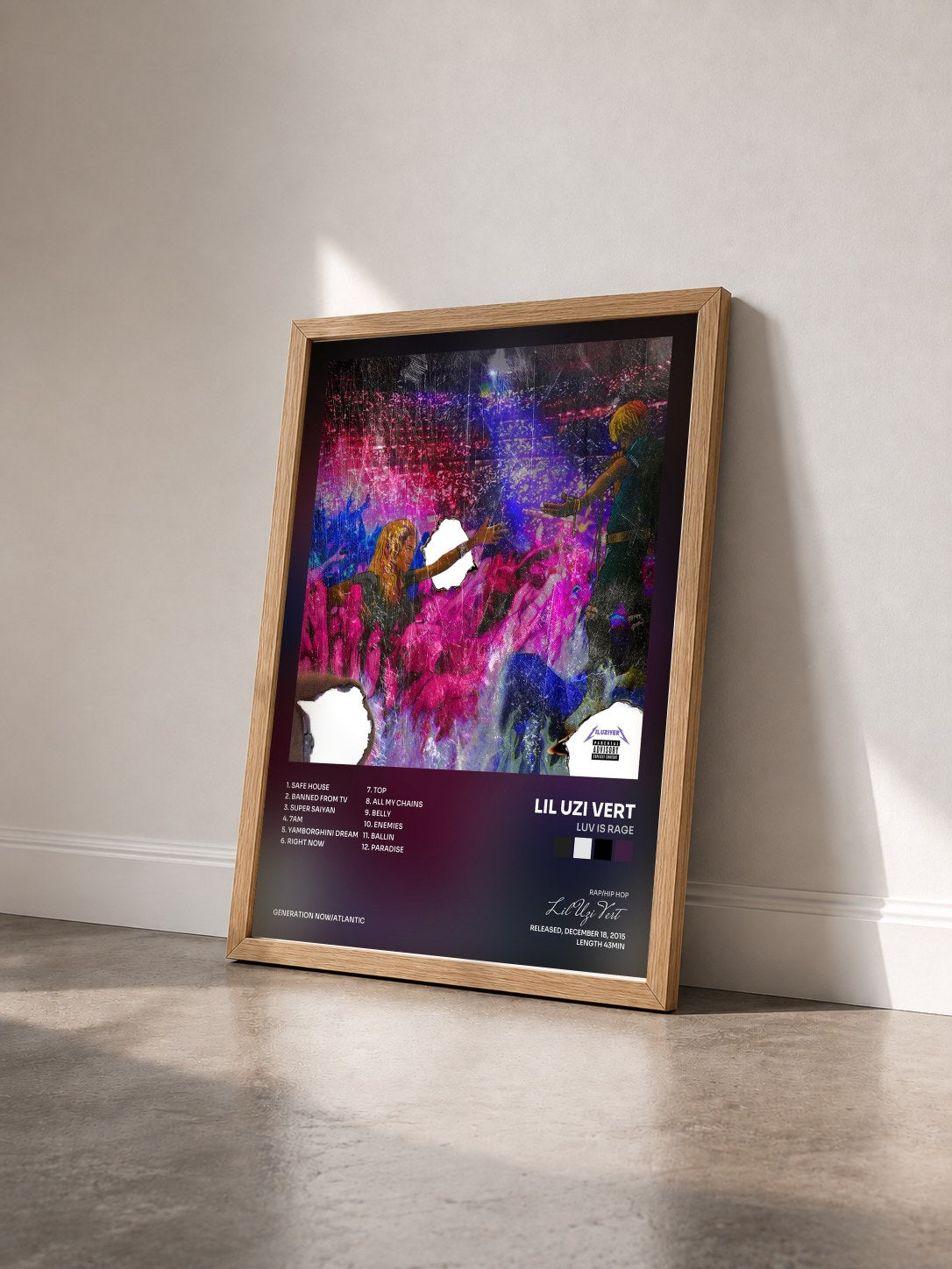 #bois Tableau de l'album Luv Is Rage de Lil Uzi Vert vu de trois quarts, cadre en bois brut