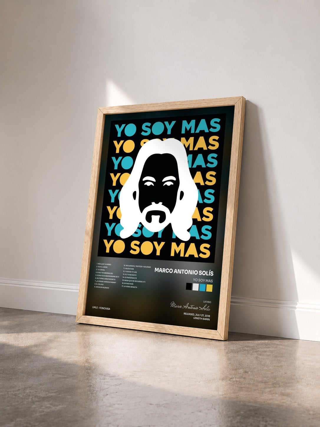 #bois Tableau de l'album Yo Soy MAS de Marco Antonio Solís vu de trois quarts, cadre en bois brut