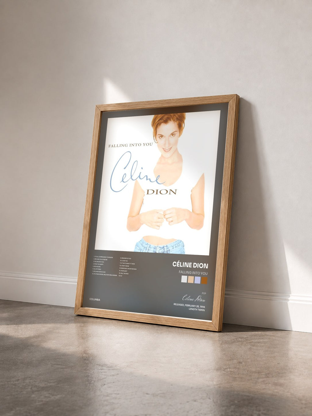 #bois Tableau de l'album Falling into You de Céline Dion vu de trois quarts, cadre en bois brut