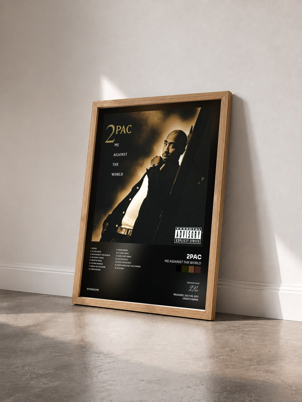 #bois Tableau de l'album Me Against The World de 2Pac vu de trois quarts, cadre en bois brut