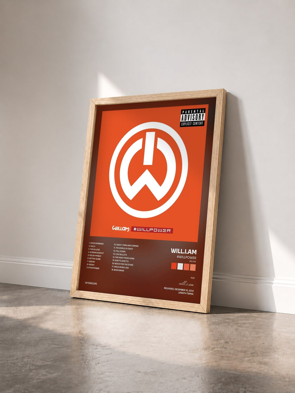 #bois Tableau de l'album #willpower (Deluxe) de will.i.am vu de trois quarts, cadre en bois brut