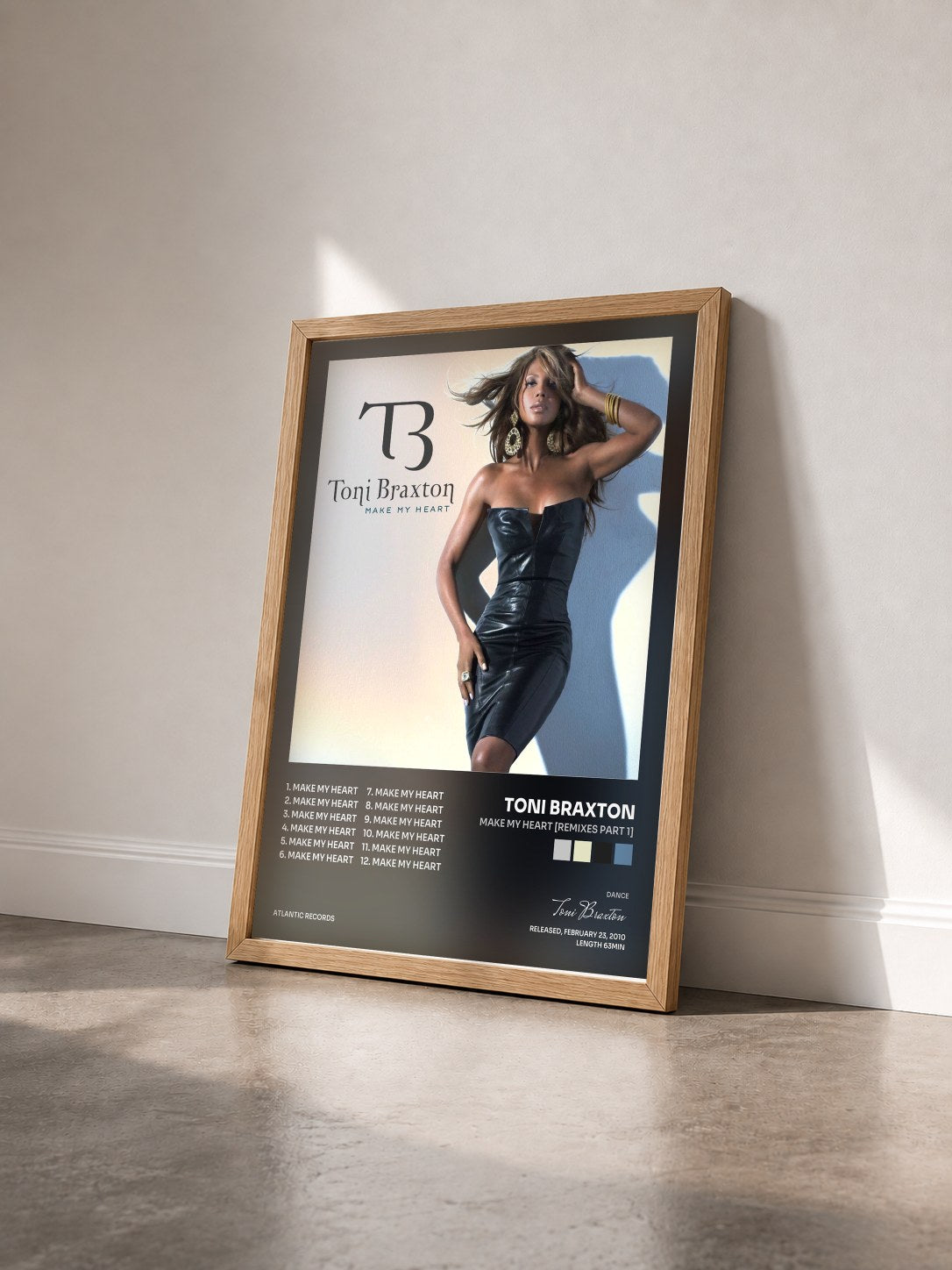 #bois Tableau de l'album Make My Heart [Remixes Part 1] de Toni Braxton vu de trois quarts, cadre en bois brut