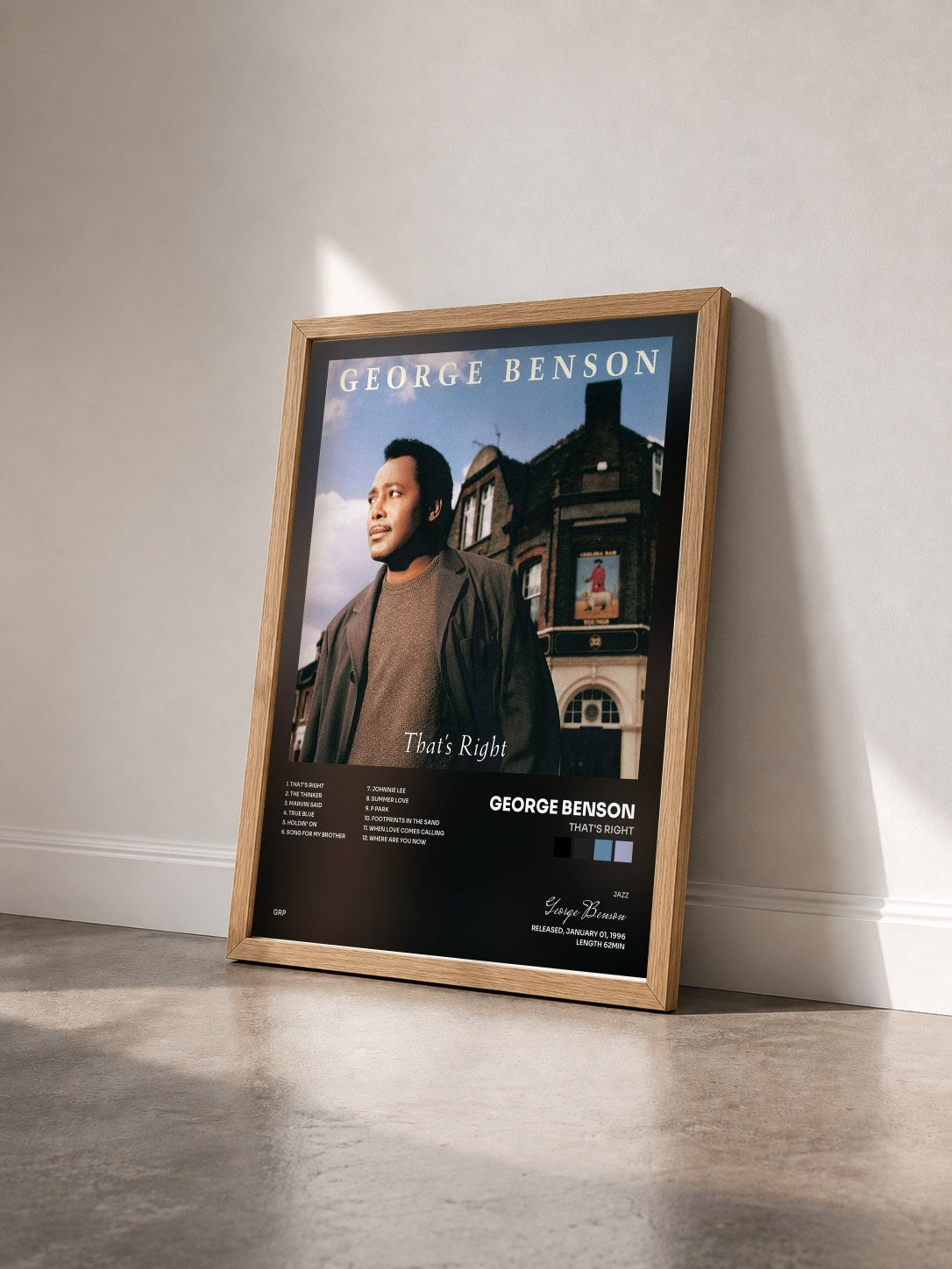 #bois Tableau de l'album That's Right de George Benson vu de trois quarts, cadre en bois brut