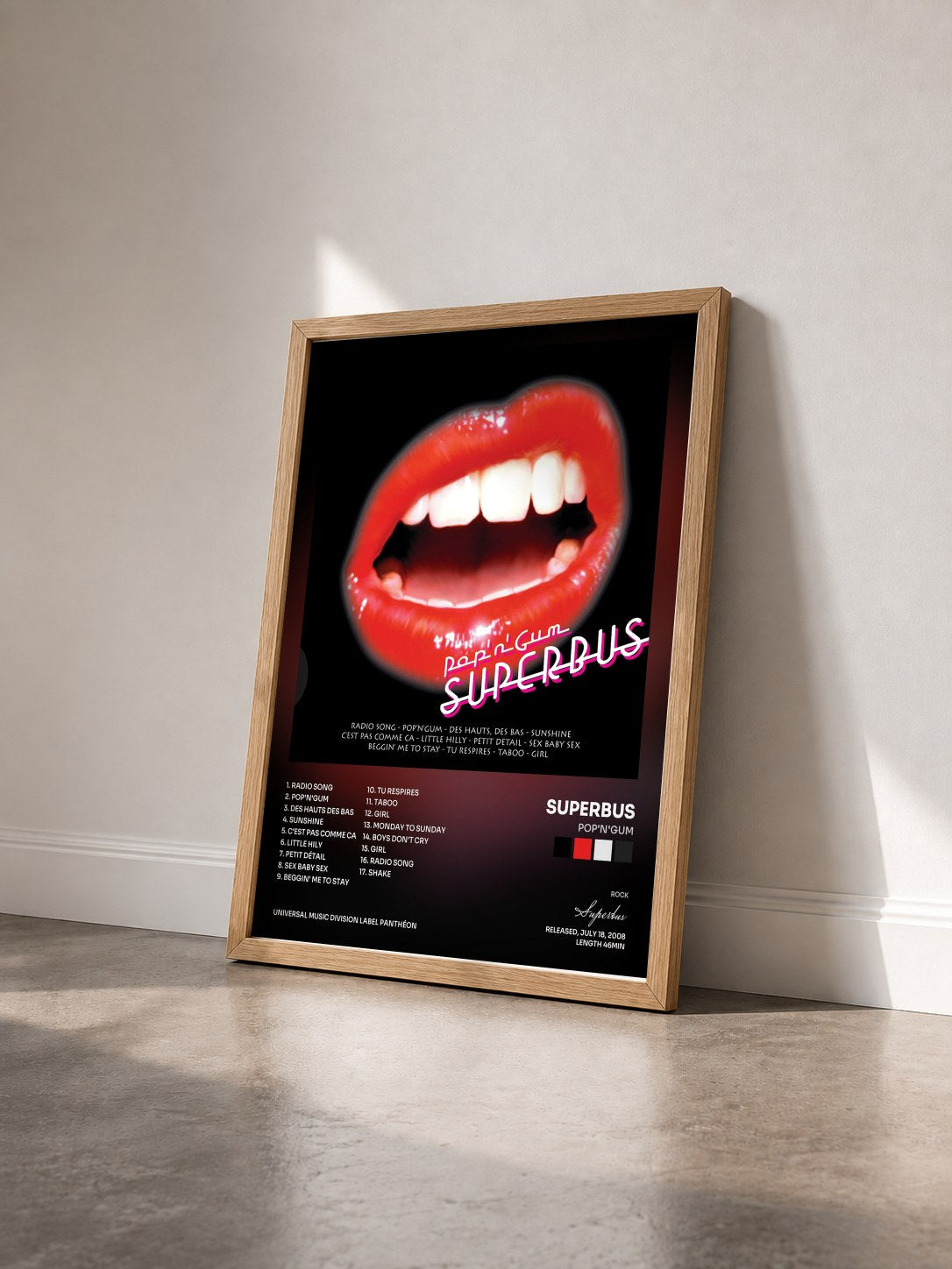 #bois Tableau de l'album Pop'n'Gum de Superbus vu de trois quarts, cadre en bois brut