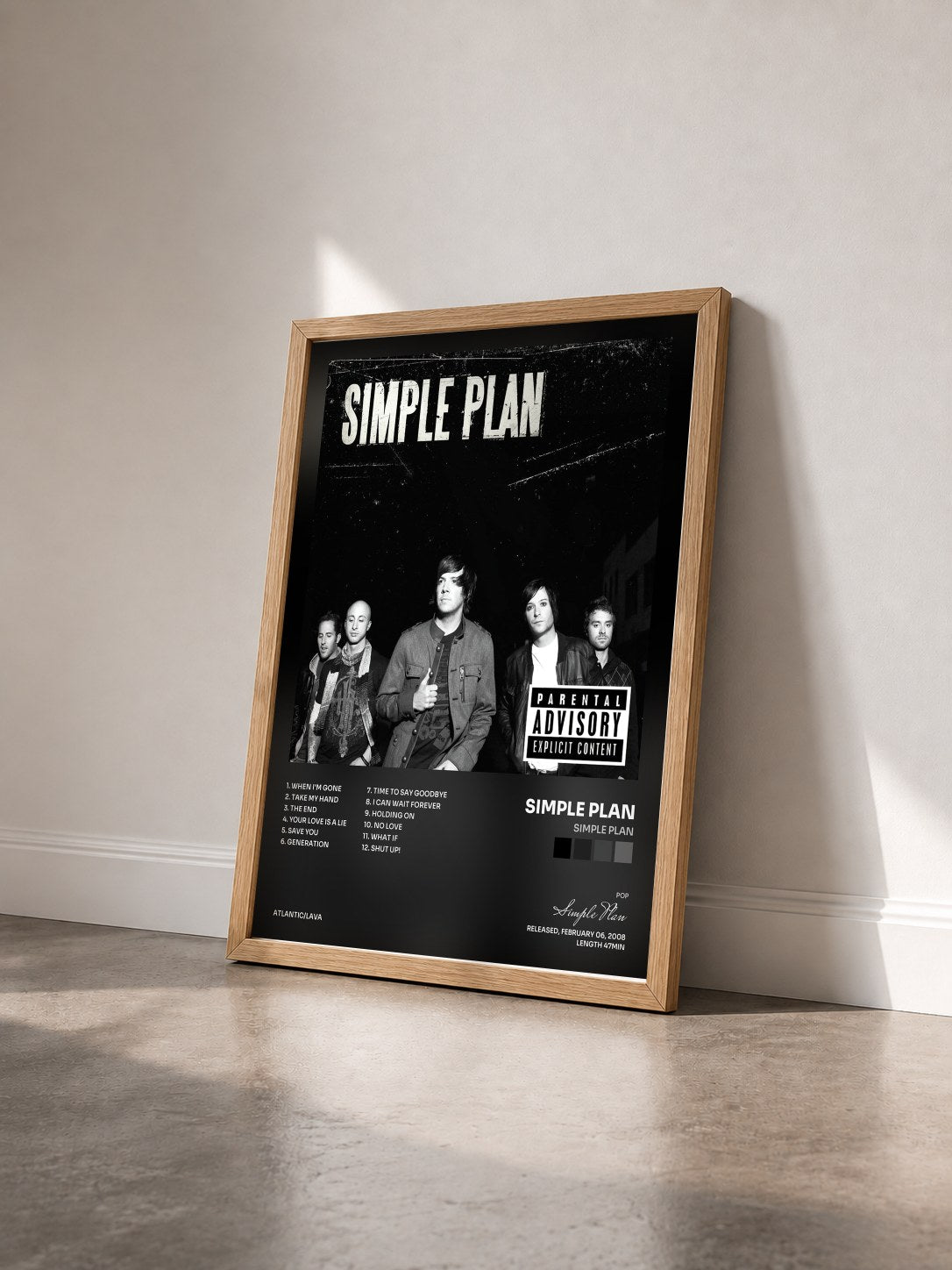 #bois Tableau de l'album Simple Plan de Simple Plan vu de trois quarts, cadre en bois brut