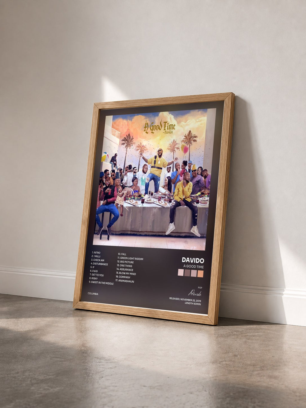 #bois Tableau de l'album A Good Time de Davido vu de trois quarts, cadre en bois brut