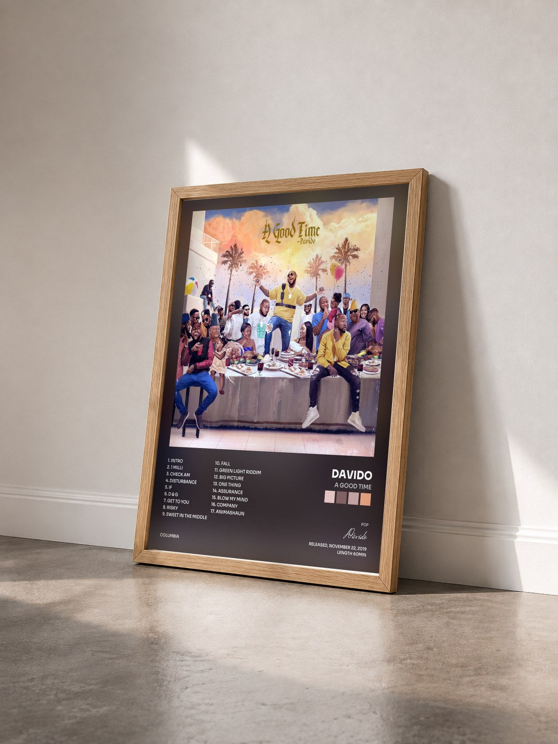 #bois Tableau de l'album A Good Time de Davido vu de trois quarts, cadre en bois brut