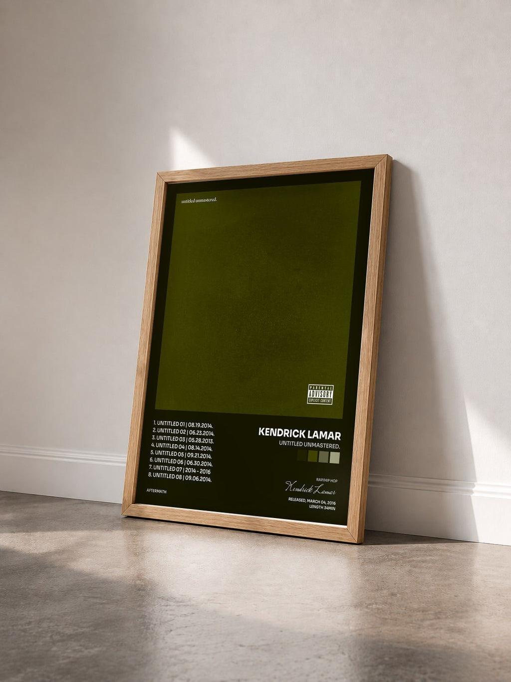 #bois Tableau de l'album untitled unmastered. de Kendrick Lamar vu de trois quarts, cadre en bois brut