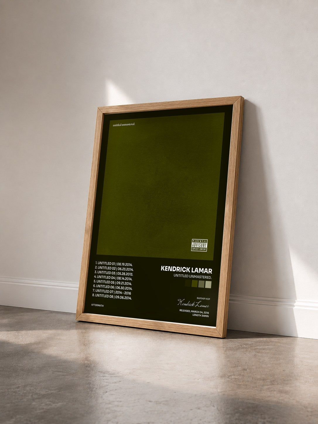 #bois Tableau de l'album untitled unmastered. de Kendrick Lamar vu de trois quarts, cadre en bois brut