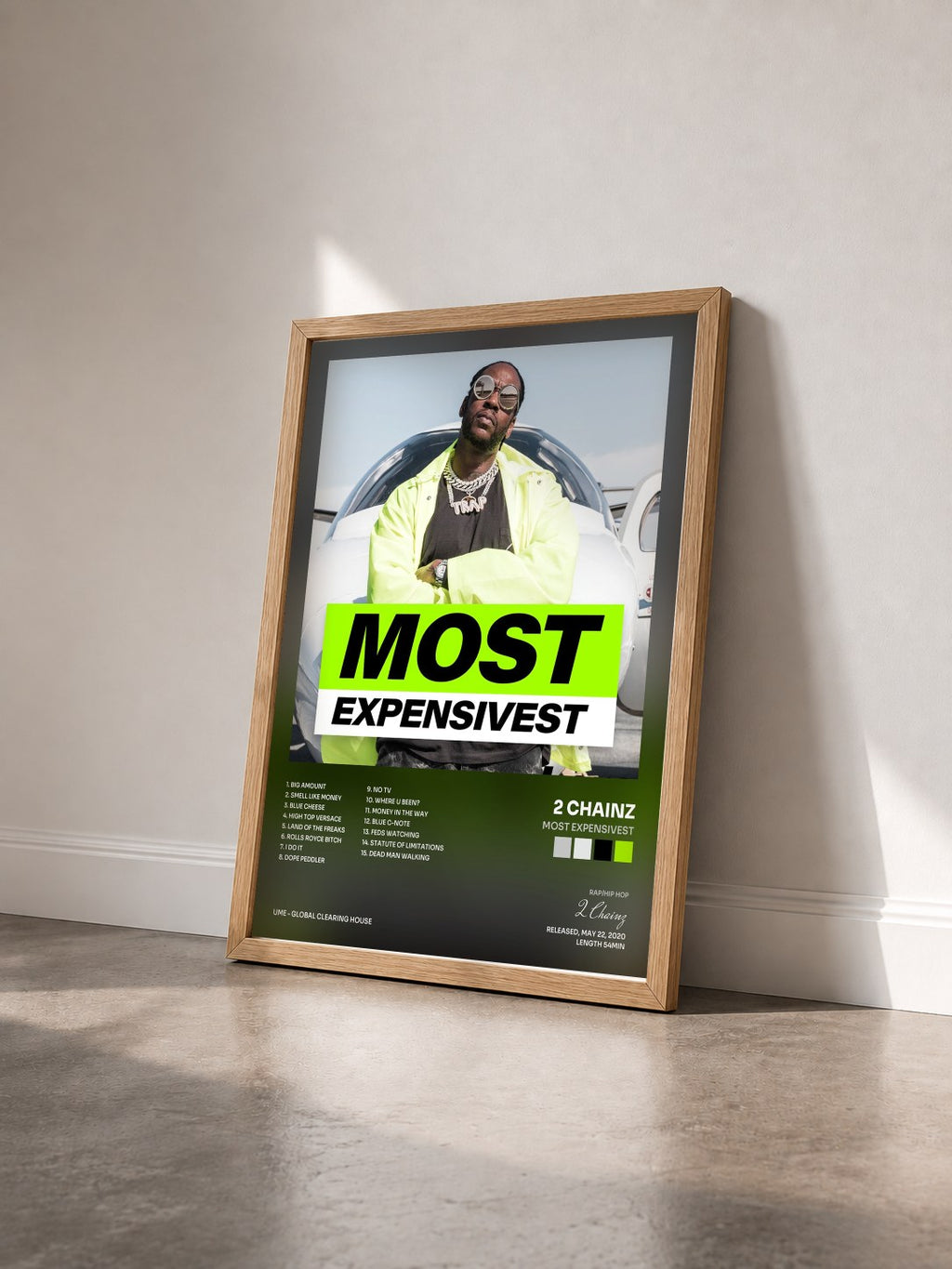 #bois Tableau de l'album Most Expensivest de 2 Chainz vu de trois quarts, cadre en bois brut