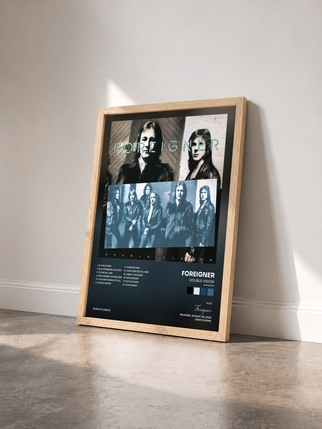 #bois Tableau de l'album Double Vision (Expanded) de Foreigner vu de trois quarts, cadre en bois brut