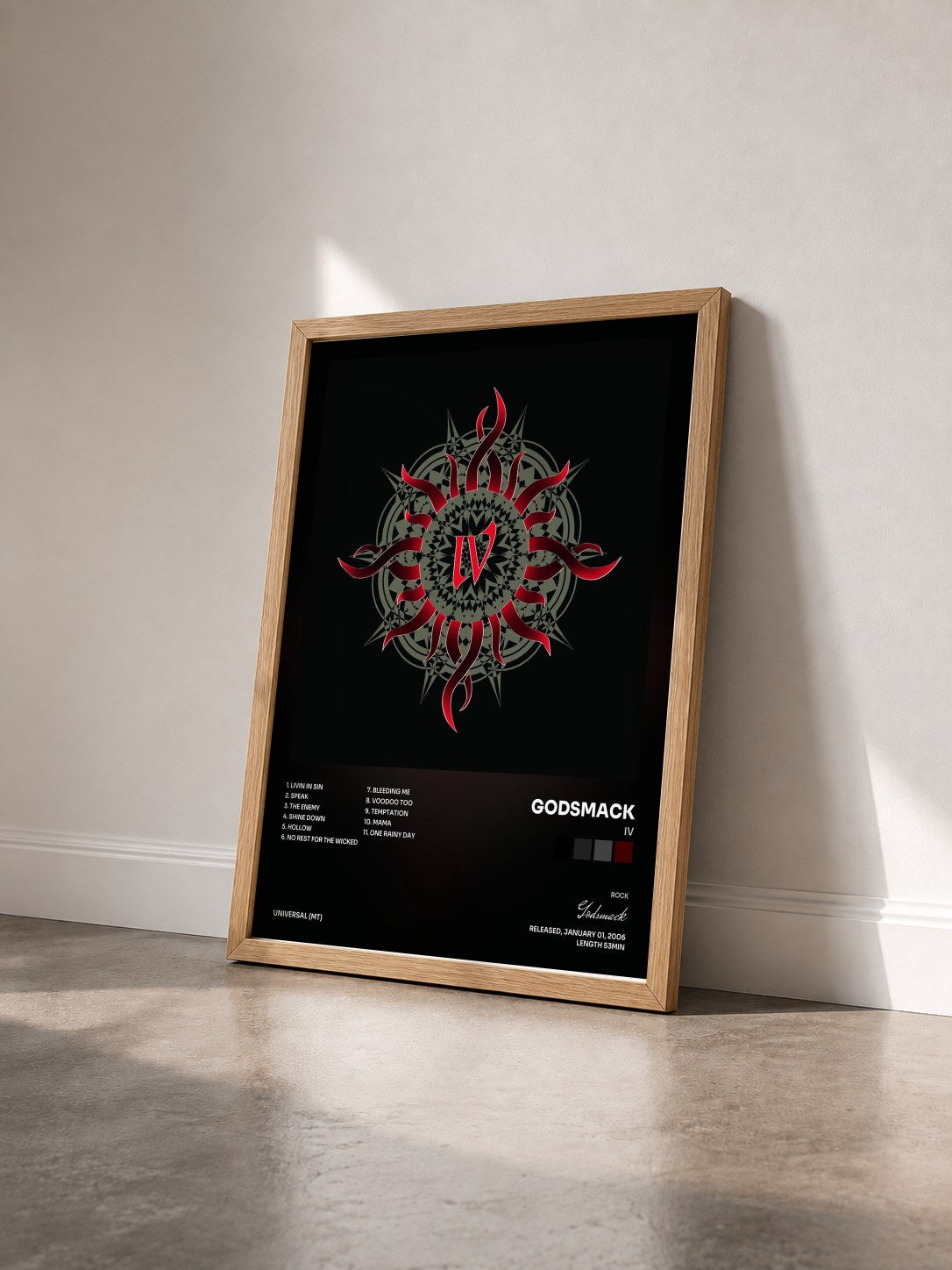 #bois Tableau de l'album IV de Godsmack vu de trois quarts, cadre en bois brut