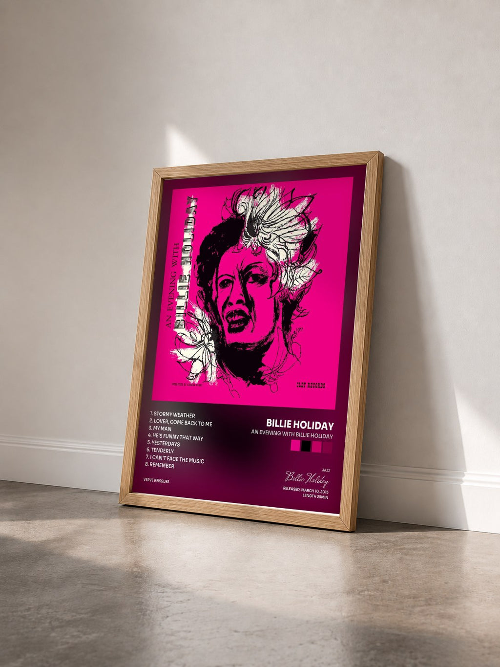 #bois Tableau de l'album An Evening With Billie Holiday de Billie Holiday vu de trois quarts, cadre en bois brut