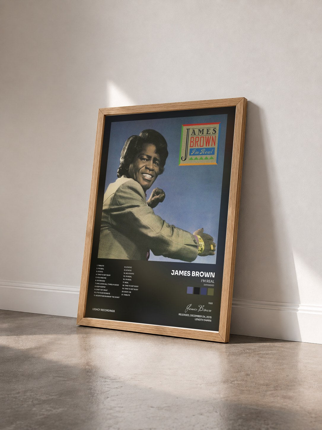 #bois Tableau de l'album I'm Real (Expanded) de James Brown vu de trois quarts, cadre en bois brut