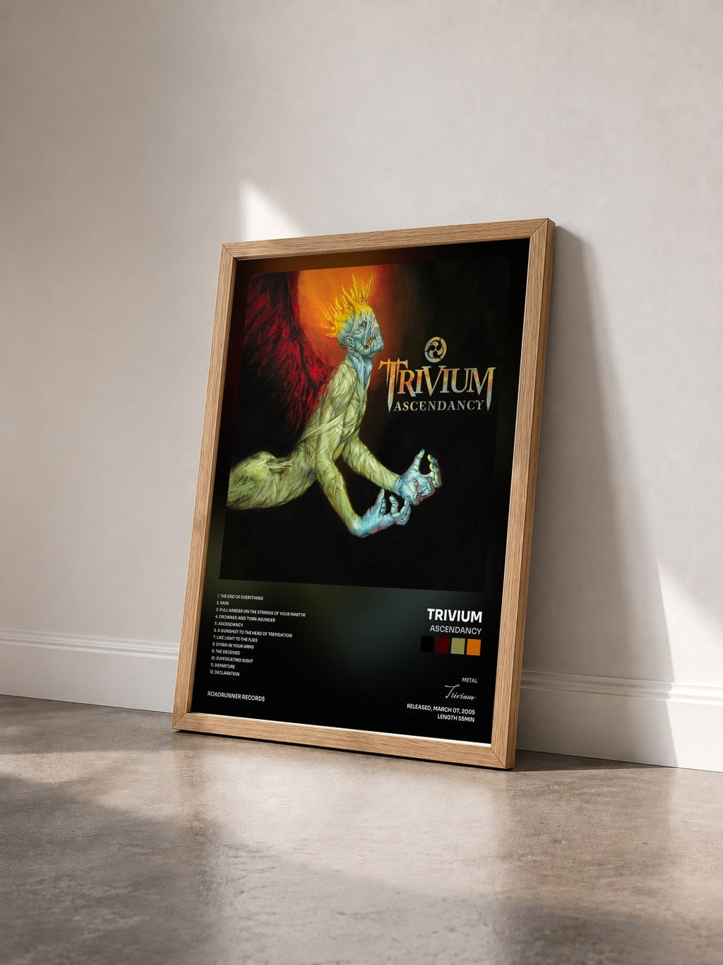 #bois Tableau de l'album Ascendancy de Trivium vu de trois quarts, cadre en bois brut