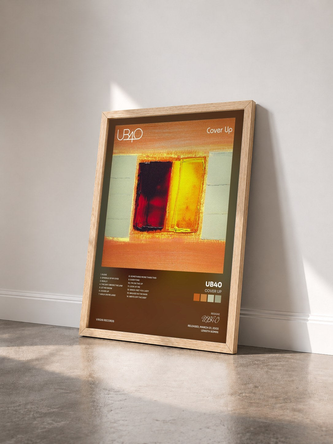 #bois Tableau de l'album Cover Up de UB40 vu de trois quarts, cadre en bois brut