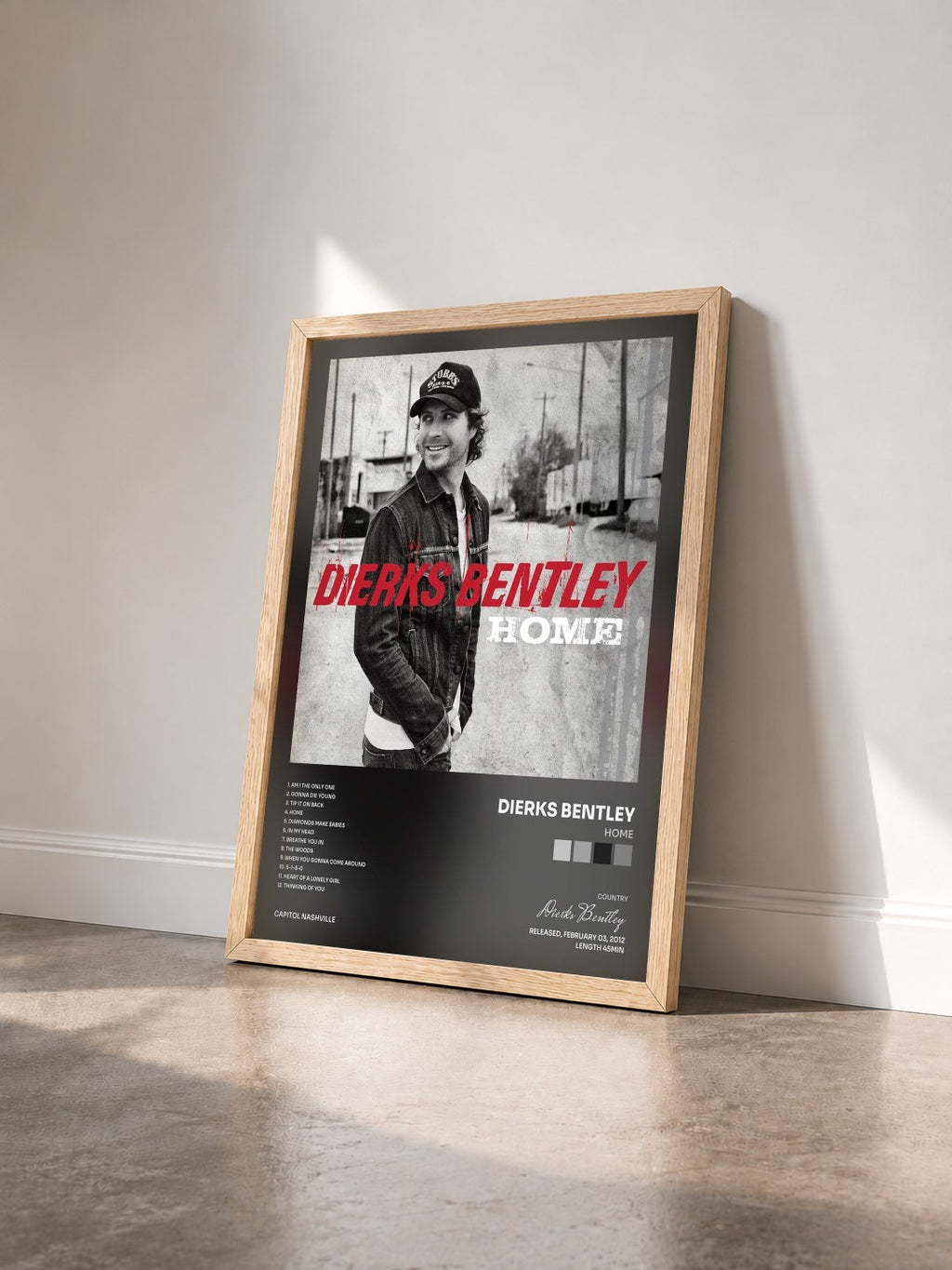 #bois Tableau de l'album Home de Dierks Bentley vu de trois quarts, cadre en bois brut