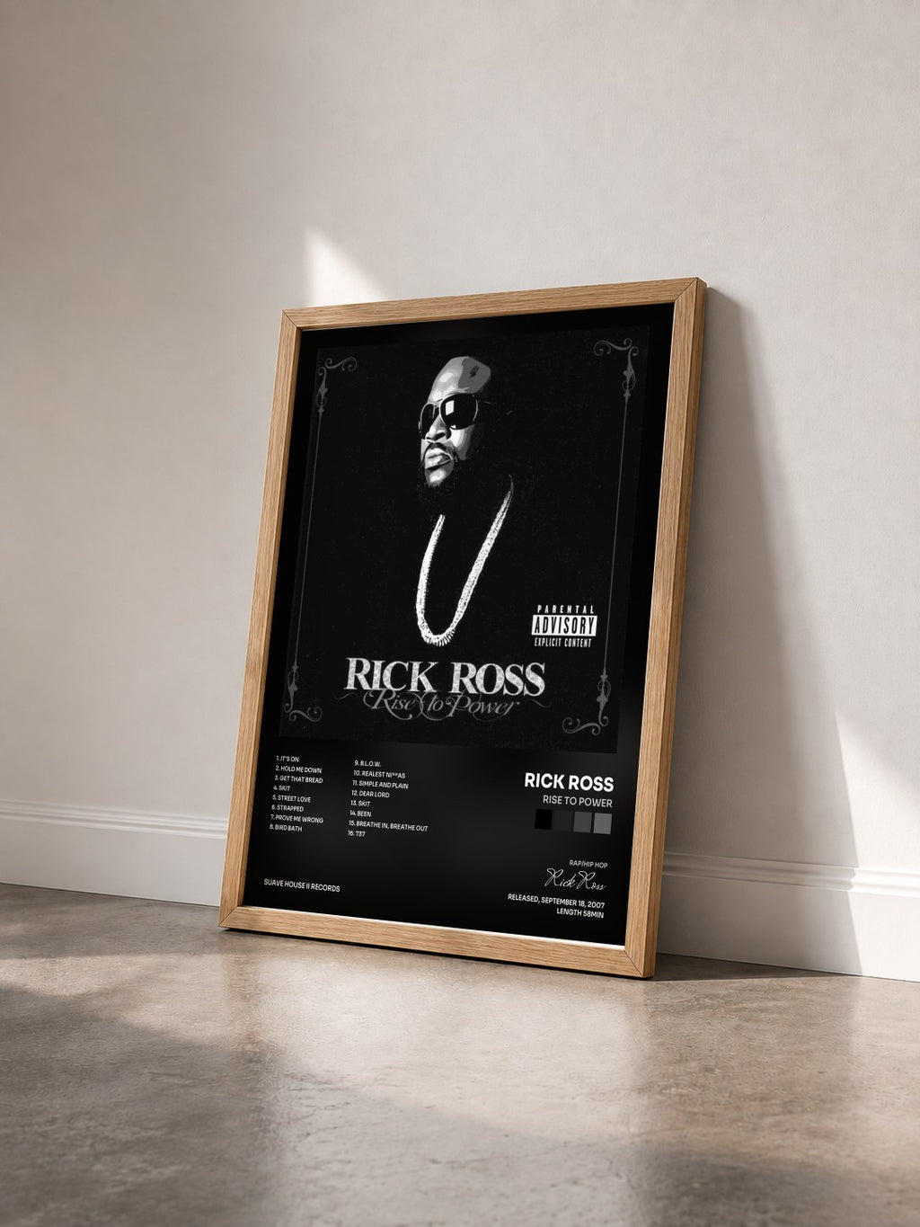 #bois Tableau de l'album Rise To Power de Rick Ross vu de trois quarts, cadre en bois brut