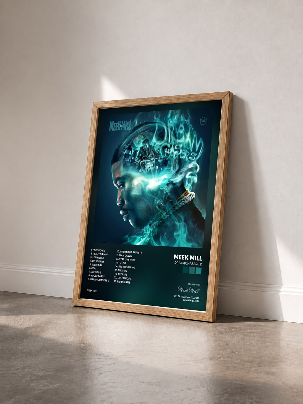 #bois Tableau de l'album Dreamchasers 2 de Meek Mill vu de trois quarts, cadre en bois brut