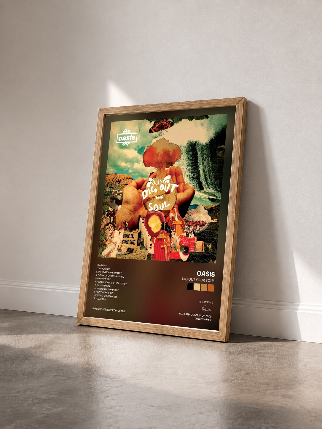 #bois Tableau de l'album Dig Out Your Soul de Oasis vu de trois quarts, cadre en bois brut