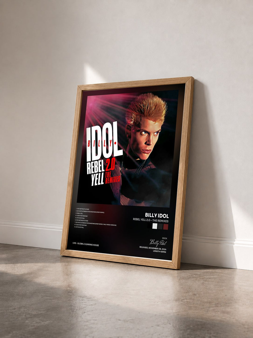 #bois Tableau de l'album Rebel Yell 2.0 - The Remixes de Billy Idol vu de trois quarts, cadre en bois brut