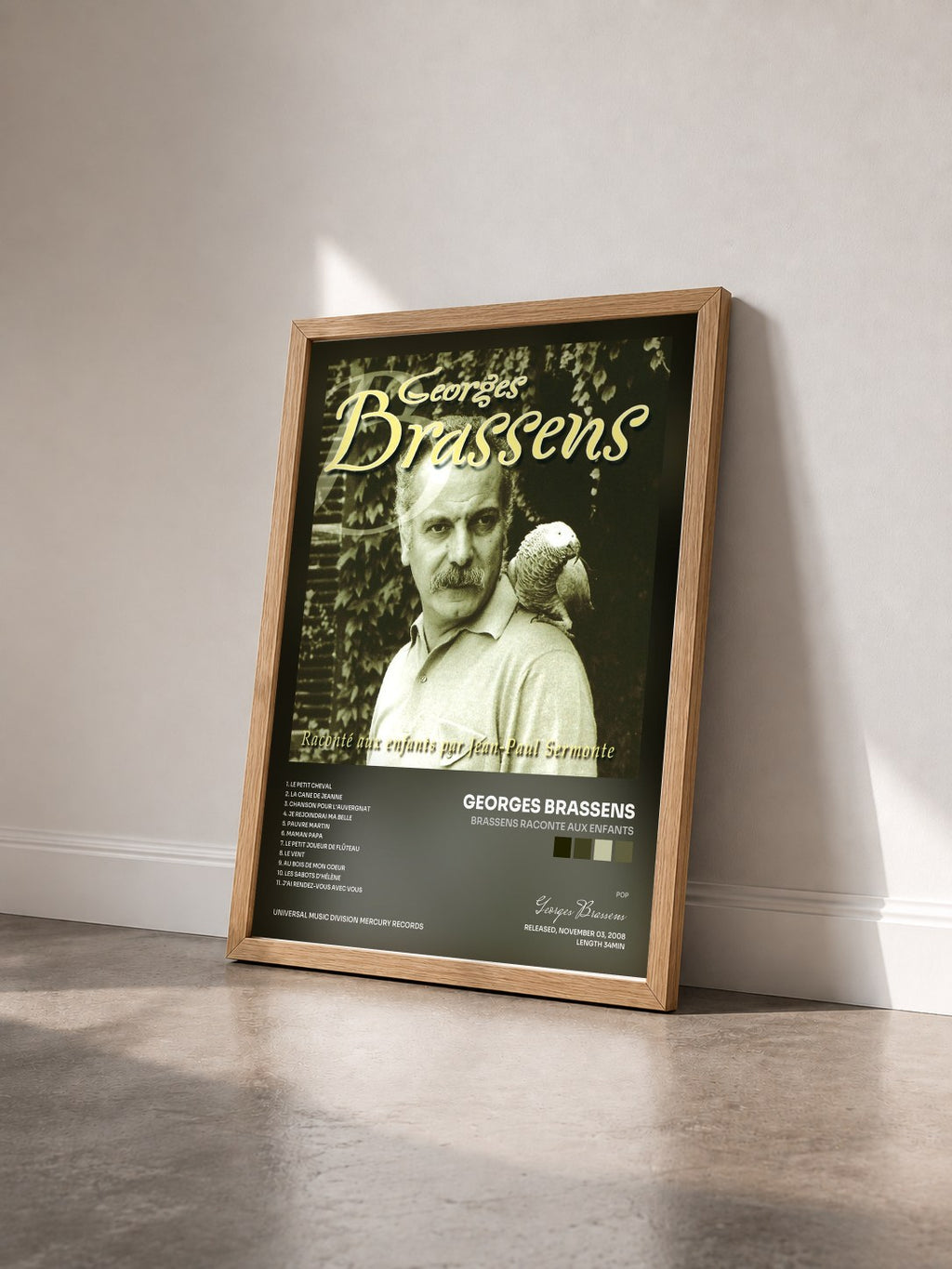 #bois Tableau de l'album Brassens Raconte Aux Enfants de Georges Brassens vu de trois quarts, cadre en bois brut